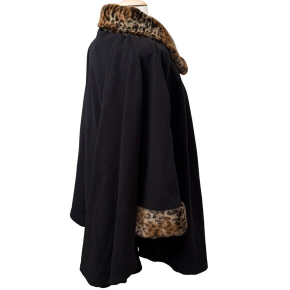 Preston & York Womens Black Cape Poncho Coat Leopard Faux Fur Trim NWT - Picture 2 of 12
